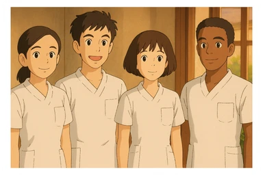four nursing students standing side by side, inspired by four provided faces, wearing white short-sleeve outfits with V-neck, left chest pocket, no collar, no undershirt, no stethoscope, warm indoor ambiance, Ghibli style sticker