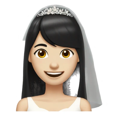 bride with very pale skin dark brown straight very short hair black dress and bangs laughing with veil sticker