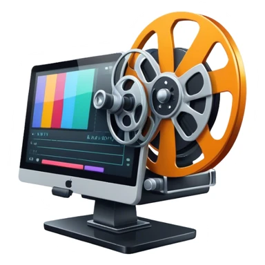 Create a vibrant and modern icon representing Animation and Motion Design, featuring elements like a film reel, a computer screen, dynamic motion lines, and a cinematographic film strip on an editing table. The design should be colorful, and dynamic, without any emojis. The background's transparent. sticker