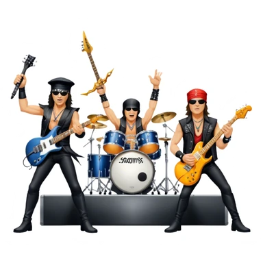 Icon for Rock Music: Scorpions live concert on stage with electric guitars, drums, and a powerful spotlight. Klaus Meine at the microphone, Rudolf Schenker and Matthias Jabs playing guitars, dynamic stage presence, and electric energy. Transparent background. sticker