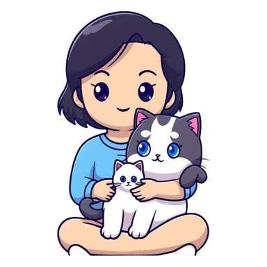 Cute Asian girl with black hair cradling a fluffy ragdoll cat with blue eyes sticker