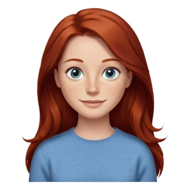 woman with long dark auburn red hair that is mostly straight but has slight waves to it. grey blue eyes. some freckles. wearing a Swedish style sweater that is neutral. smiling.  sticker