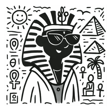 Add an Egyptian background behind the pharaoh with sunglasses and black skin, maintaining the doodle style look. sticker