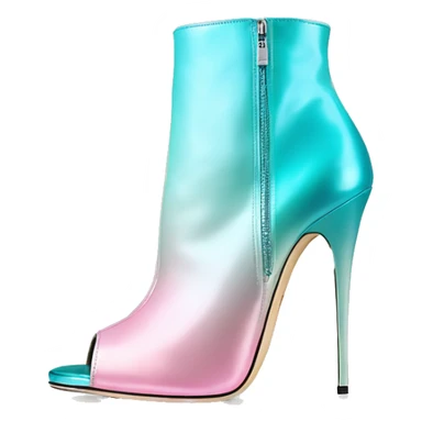 Realistic isolated top front view of a pair of metalliic tiffany blue to pastel pink ombre Jimmy Choo peep toe stiletto ankle booties. sticker