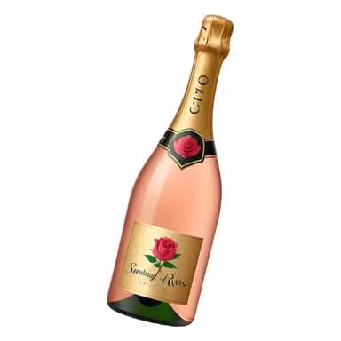 bottle of sparkling rosé champagne with a rose logo on the label, with the cork popping out from the top, tilted up and to the left, no glass sticker