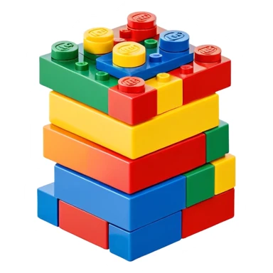 A small stack of colorful Lego-style blocks with happy faces sticker