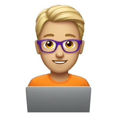 A white geek on a laptop in an orange and purple shirt sticker