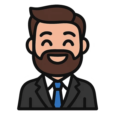 Create a simplified, vector-style Twitch emoji version of the person in the photo. Focus on the face and upper torso, dressed in a suit, with a happy, smiling expression. Background should be transparent and the style should be clean and minimalistic, suitable for Twitch emoji use. sticker