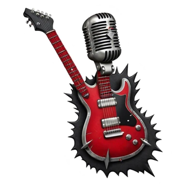Create a powerful and dynamic humanless emoji representing rock vocals. The design should feature a classic vintage microphone with a rugged, distressed look, surrounded by elements like a guitar pick, electric guitar neck, and sound waves to reflect the raw energy of rock music. Add subtle details such as a spiked bracelet, leather textures, or bold lightning bolts to evoke the rebellious and intense spirit of rock. Use dark, edgy colors like black, red, silver, and metallic accents to emphasize the fierce, loud, and passionate nature of rock vocals. The background should be transparent. sticker