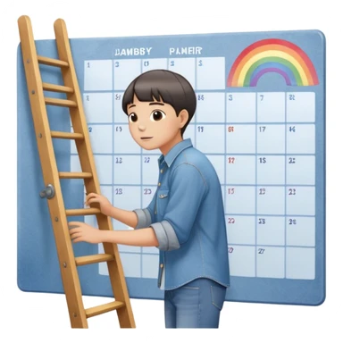Hair: Bowl-cut with uneven trimming at ears Face: Round cheeks flushed from ladder climbing Clothes: Oversized denim shirt rolled to elbows Action: Placing rainbow notes on glass wall planner sticker