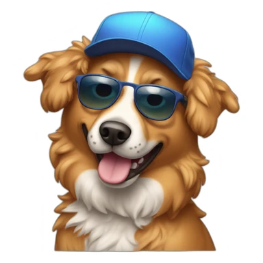 Caramel stray Dog wearing baseball hat sunglasses and have a big curly hait sticker
