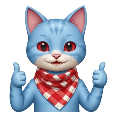 A Baby Blue Cat smiling and giving thumbs up, wearing red Checkered Triangle scarf sticker