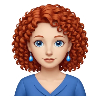 una profesora simpática con el pelo rojo rizado, ojos azules, vestido azul y pendientes azules sticker