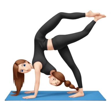 A girl with fair skin and a natural blush. Eyes are large, expressive, blue. Hair is long, straight, chestnut-colored. Smile is soft, friendly, does yoga in the downward facing dog pose, in a black top and leggings sticker