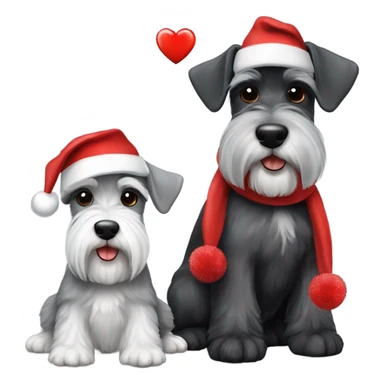 2 miniature schnauzers, 1 grey and 1 black, wearing Christmas hats with a heart sticker