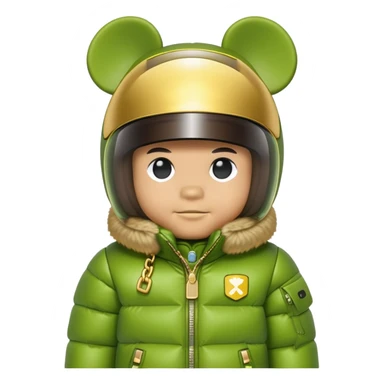 bearbrick with lime balaclava and logo tags, wearing large mirrored monolens ski visor shield covering entire upper face like sports goggles, puffy jacket with fur trim, gold chains sticker