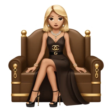 Lilith symbol light brown eyes. Woman of justice and power. Shoulder  length blonde haired  woman with Gucci and Chanel  bags next to her. Wearing long brown and black elegant dress with slit, sitting on a Chanel throne and diamonds everywhere around her. Black Platform high heels on feet. Chanel  sticker