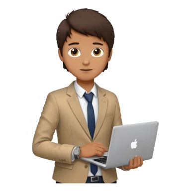 a light tan boy with messy dark brown hair. Wearing a blazer and carrying a lapotop. watch on wrist sticker