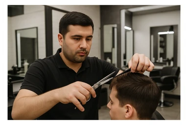 shu odamni sartaroshxonada mijozlarni sochini olayotganin  tasvirlab ber juda yosh ham katta ham bo'lmasin semiz ham bo'lib ketmasin o'smirin davrini sticker