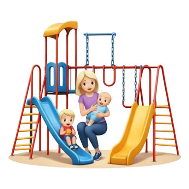 Toddlers playing on a  playground with kids and a woman holding a baby watching  sticker