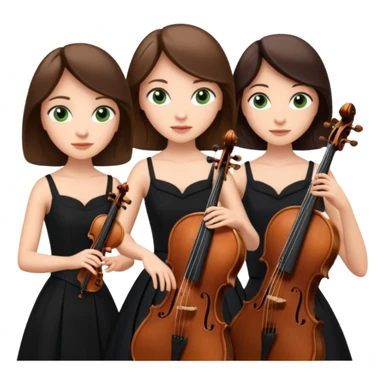 Create an imagine of three brunette women playing string instruments in black dresses, the first is playing a cello with blue eyes, the second is playing a viola with hazel eyes and the third is playing the violin with green eyes sticker