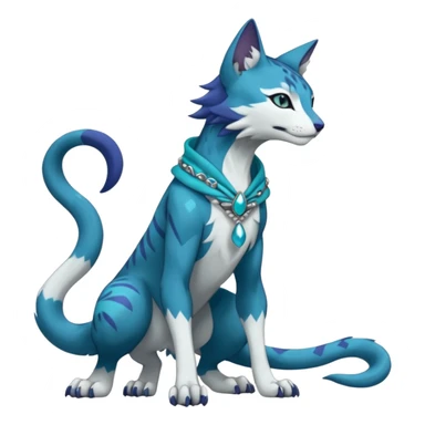 Kawaii cute Indigo Turquoise Grey beautiful pretty elegant divine edgy feline-vernid-sergal-Fakémon-Pokémon-Digimon-fursona-animal-creature, full body, with intricate detailed markings, silken shawl, decorative anklets sticker