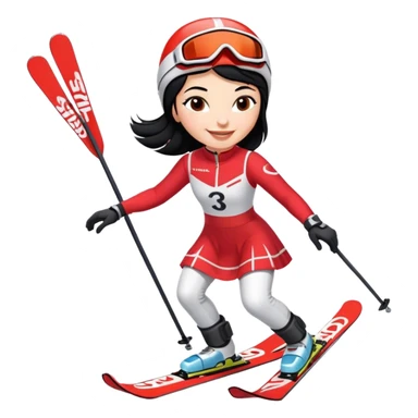 Ski racer woman black hair smile red white dress with the name Stephanie on the dress and the name HEAD on the skis sticker