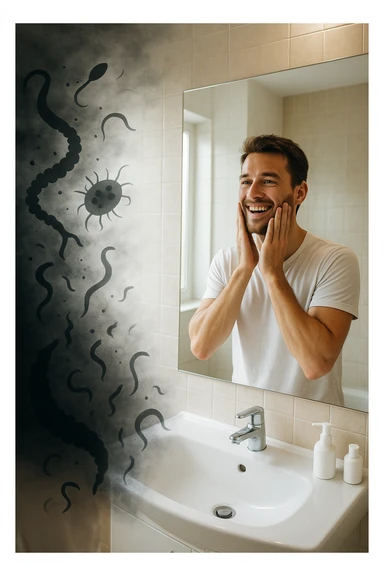 a man stands in a brightly lit bathroom, looking relieved and revitalized as he examines his reflection in the mirror. In the foreground, stylized, shadowy images of parasites (such as worms or protozoa) are shown leaving his body, dissolving into mist or fading away. His posture is upright and his expression is one of newfound energy and health. sticker