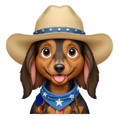 mostly black with some brown long hair daschund with a cowboy hat, ears curl out a bit and bandana and tongue slightly out sticker