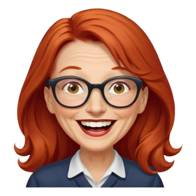 obese; older 50's ; long red hair ; women hazel eyes; glasses ; laughing sticker