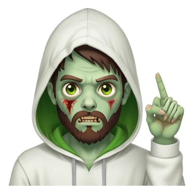 zombie pointing finger, undercut hairstyle with dark brown hair, short full beard, heterochromia with one green eye and one brown eye, wearing plain white hoodie with hood up sticker