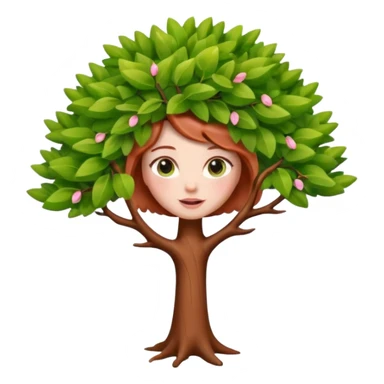 Style memoji iphone. Un petit sapin vert sylvestre, féminin, regard malicieux, tâches de rousseurs délicates, joues roses. Yeux de biche brillants en forme amande, yeux couleur ambre, tronc couleur acajou. Sapin en mouvement, incurvé pour un effet vivant. sticker
