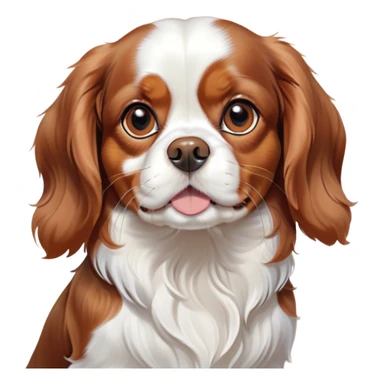 Cinematic Cute Blenheim Cavalier King Charles Spaniel Portrait Emoji, Head tilted playfully and inquisitively, silky Blenheim coat with warm chestnut and crisp white patches, round, sparkling brown eyes filled with curiosity, Simplified yet irresistibly adorable features, highly detailed, glowing with a warm, friendly glow, high shine, affectionate and lively, stylized with a touch of whimsy, bright and endearing, soft glowing outline, capturing the essence of a mischievous yet loving pup, so playful it feels like it could pounce out of the screen and into your arms! sticker