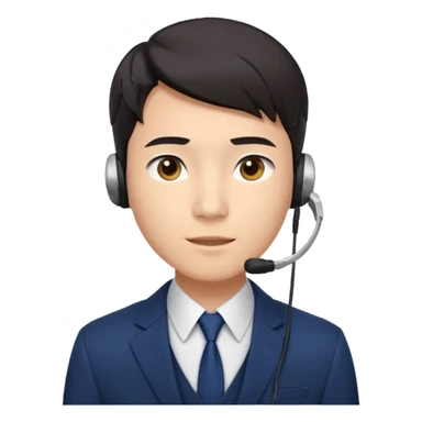 A young Asian man with smooth light skin, dark hair that swoops upward in the front, expressive eyes, a clean-shaven face, and a call-center style headset over one ear, usually paired with a crisp shirt and suit jacket visible from the chest up. sticker
