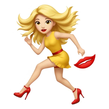circular yellow traditional iOS emoji face, running to the left, with long fake lashes, big red lips, long hair, hovering feet in heels, neutral masculine style, not feminine or womanly sticker