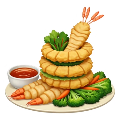 tempura shrimp and vegetables stacked, extra crispy, cinematic lighting sticker