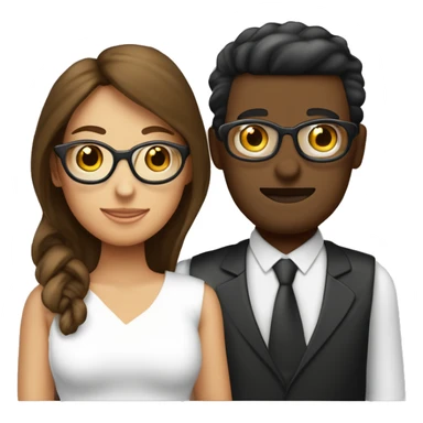 Crea una pareja que la mujer sea de un tono de piel morena que tenga cabello oscuro y que no tenga gafas luego a su novio créalo un hombre de tono de piel blanco y su tono de cabello rubio y en su cara con gafas sticker