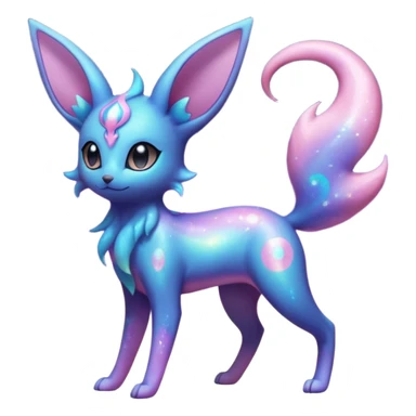 Shiny Iridescent Nebulae Espeon-Umbreon-Sylveon-Fakémon-hybrid-creature (full body)  with a galaxy-dust-flowing-gradient-tail sticker