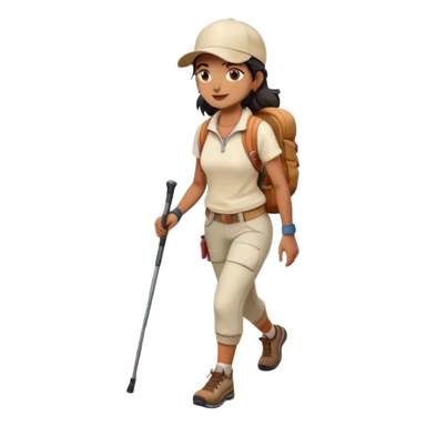 Full body indian woman hiking on mountain trail cream clothes baseball cap sticker