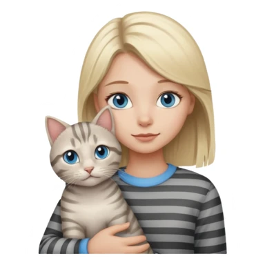 Blonde girl with blue eyes cuddling with light grey tabby cat with dark grey stripes sticker