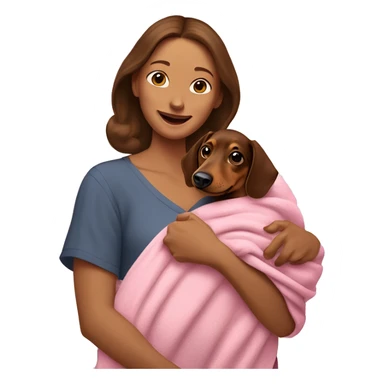 a woman with brown hair is cradling her puppy in a pink baby blanket. the puppy is a brown dachshund dog. the woman is smiling with mouth ajar. you can see the woman cradling the puppy like a baby from her waist up.  sticker