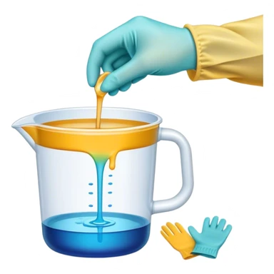 Epoxy resin icon, resin pouring over a surface, visible measuring cups, stirring sticks, and protective gloves, colorful patterns or designs forming as resin hardens, minimalistic style, clean lines, transparent background sticker