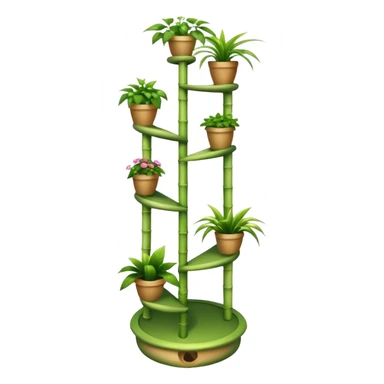 Very Large alien-futuristic multi-tier multi-level curved spiral step plant rack, which holds twenty-five plants, constructed from 7/8ths of an inch thin vining bamboo poles  sticker