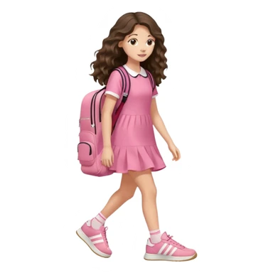 aestethic brunette very,very,very long wavy hair walking with a school backpack, with a cute pink dress, adidas samba shoes sticker