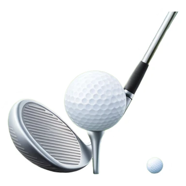 A close-up golf ball on a tee, with a golf club placed beside it, set on a well-manicured green. The background is a peaceful golf course with a clear blue sky, emphasizing the tranquility and skill required for the sport. sticker