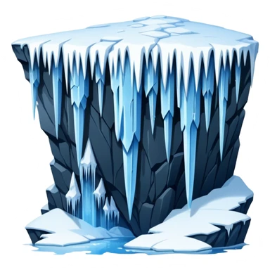 A stunning winter scene showing long, sharp icicles hanging from a frozen cliff or ledge, glistening in bright daylight. The surface is covered in snow and ice, with a cold blue and white color palette, highly detailed, realistic lighting, and frosty atmosphere. sticker