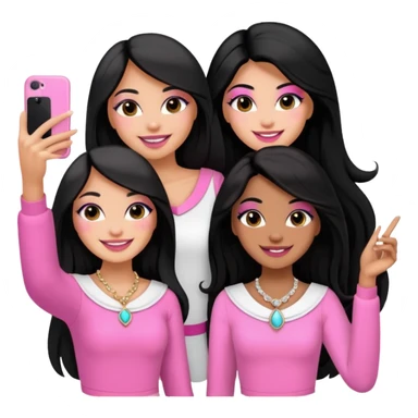 3 besties with professional glammed up looks wearing pink and white, medium skin tone smiling big with black long hair. Very girly wearing jewelry, taking a selfie  sticker