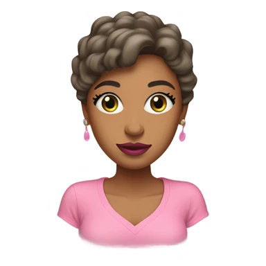 Light brown woman with pink lipstick, eyelashes, slanted eyes, wearing pink t-shirt with green trim sticker