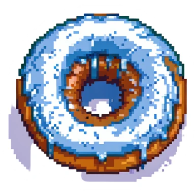 Make the donut's face look exhausted (not sad), and have the white creme dripping out of the donut hole. Keep the pixel art style, preserve transparency. sticker