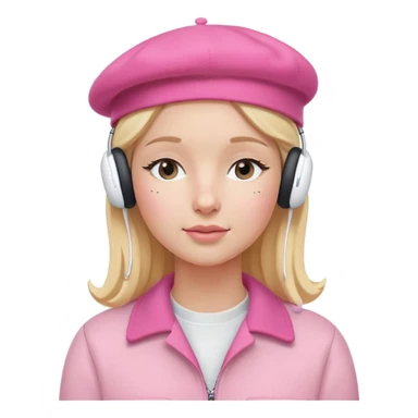 blonde American girl wearing a pink beret and AirPods Max headphones, listening to music with closed eyes sticker